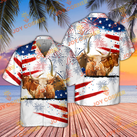 Joycorners Texas Longhorn Cattle US 4th Of July Hawaiian Shirt