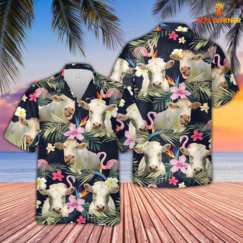 Joy Corners Charolais And Flamingo Flower Pattern 3D Hawaiian Shirt