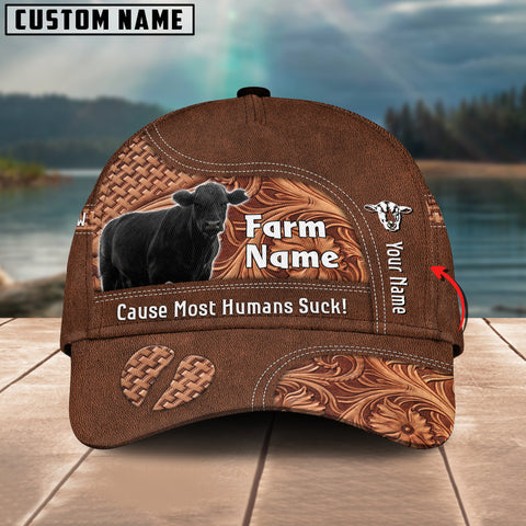 Joycorners Black Angus Customized Name And Farm Name Leather Carving 3D Classic Cap