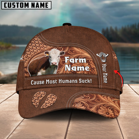 Joycorners Hereford Customized Name And Farm Name Leather Carving 3D Classic Cap