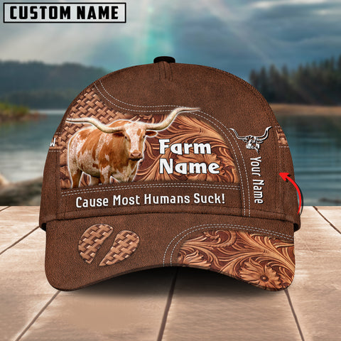 Joycorners Texas Longhorn Customized Name And Farm Name Leather Carving 3D Classic Cap