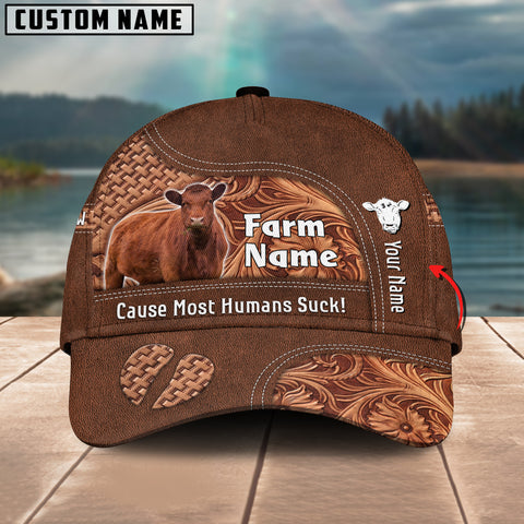 Joycorners Red Angus Customized Name And Farm Name Leather Carving 3D Classic Cap