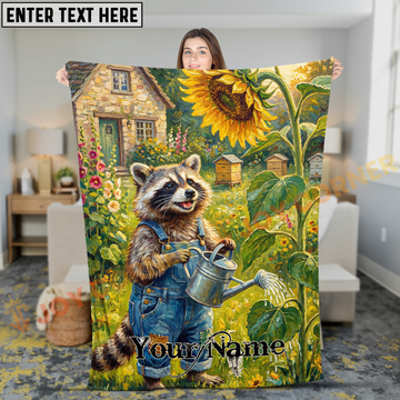 Joycorners Cute Raccoon Gardening with Sunflower and Watering Can Personalized 3D Blanket