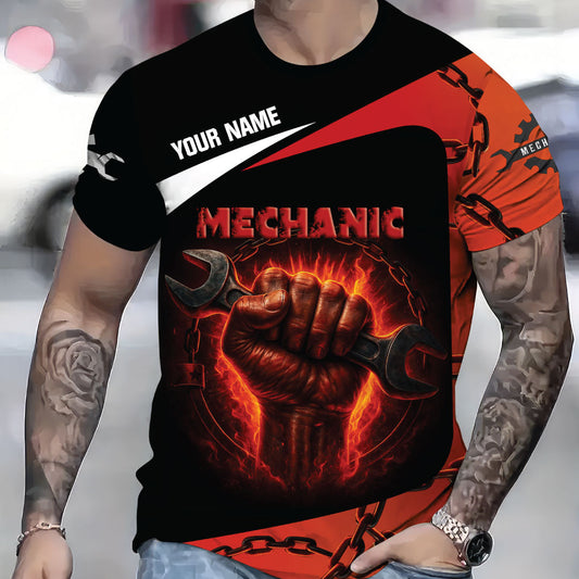 Joycorners Personalized Garage Mechanic Shirt, Wrench Grip with Fire and Chains, Perfect Gift for Car Repair Lovers PT2609