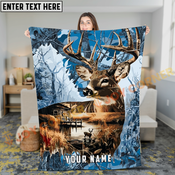 Joycorners Blue Camo Whitetail Deer Lake Scene Personalized 3D Blanket
