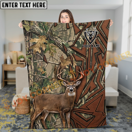 Joycorners Rustic Leather Deer Camo Woodland Personalized 3D Blanket