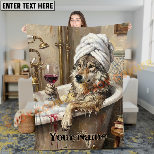 Joycorners Funny Wolf in Bathtub Drinking Wine Personalized 3D Blanket