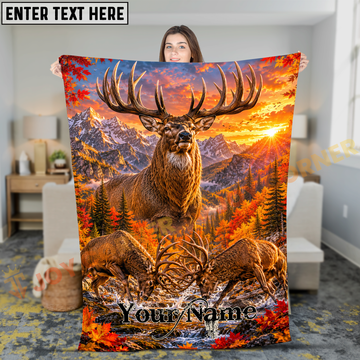 Joycorners Proud Red Deer Fighting in River Rocky Mountain Sunset Personalized 3D Blanket