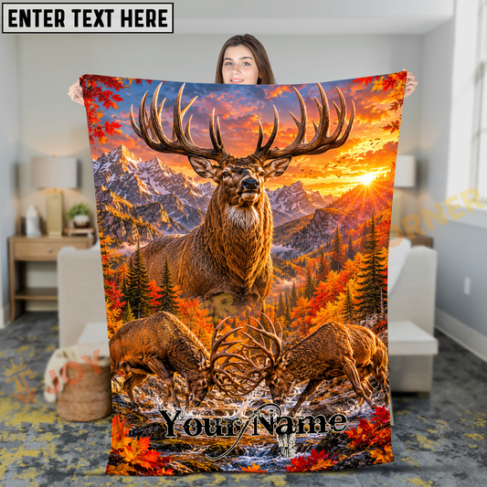 Joycorners Proud Red Deer Fighting in River Rocky Mountain Sunset Personalized 3D Blanket