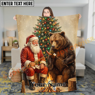 Joycorners Artistic Santa Claus and Brown Bear by Campfire Personalized 3D Blanket