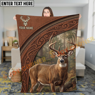 Joycorners Rustic Leather Whitetail Deer Woodland Portrait Personalized 3D Blanket