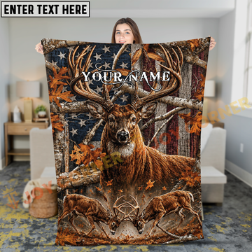 Joycorners Deer Hunting American Flag Woodland Camo Personalized 3D Blanket