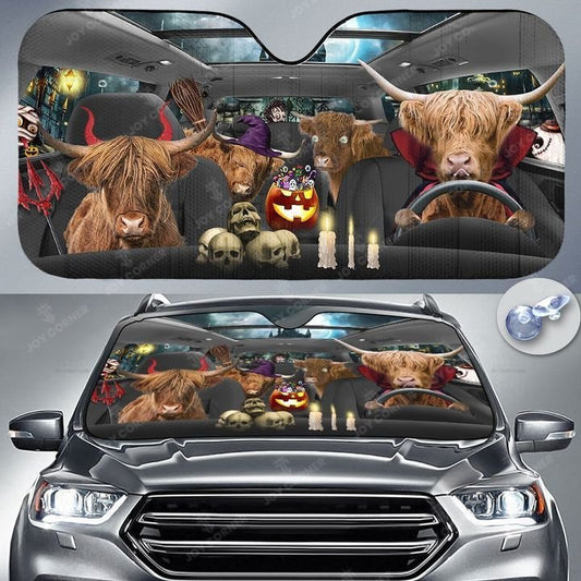 Joycorners Happy Halloween Highland Car 3D Printed Sun Shade