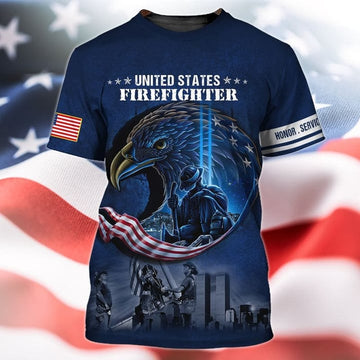 Maxcorners United States Firefighter 3d Full Print Eagle Honor Service Firefighter Tshirt LM1911