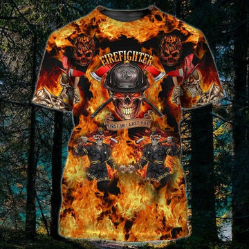 Maxcorners Skull Fire Pattern Firefighter 3D Shirt, First In Last Out, Skull Shirt LM1911
