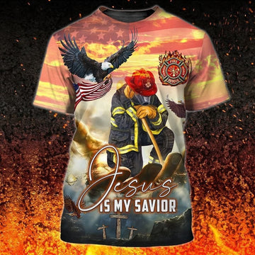 Maxcorners Jesus Is My Savior Firefighter T-Shirt, Eagle Flag American Firefighter 3D Shirt LM1911