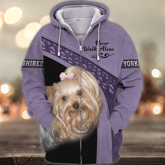 Joycorners Yorkshire Lover Never Walk Alone ( Purple ) 3D Custom Name And Dog Full Print Shirts