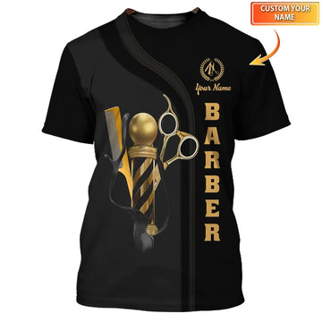 Golden Haircut & Shaves Barber Shop Personalized Name 3D Shirt