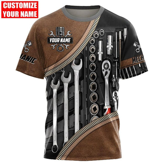 Joycorners Personalized Name Mechanic Unisex Shirts with Leather patten, 3D Mechanic Shirt