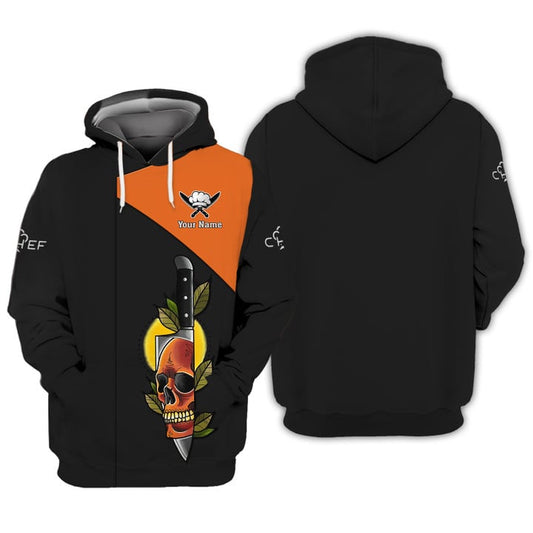 Joycorners SKULL CHEF KNIFE 3D SHIRTS CUSTOM CHEF UNIFORM BLACK & ORANGE