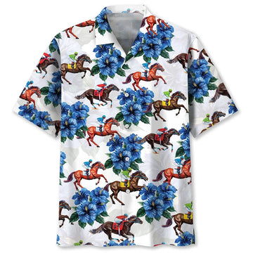 HORSE RACING BLUE HAWAIIAN SHIRT