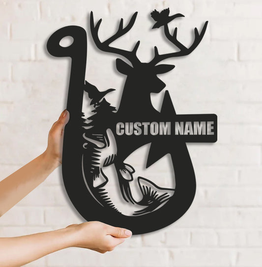 Maxcorners Personalized Hunting Metal Sign WITH LED/WITHOUT LED Light Fishing Wall Art Deer Head Sign Hunter Gift Duck Hunting Sign Bass Fishing Decor MT0110