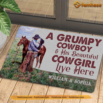 Joycorners Personalized Cowboy Doormat, A Grumpy Cowboy His Beautiful Cowgirl Live Here Gift For Rodeo Lovers, New Home Gift, Housewarming Gift, Horse Decor LM0210