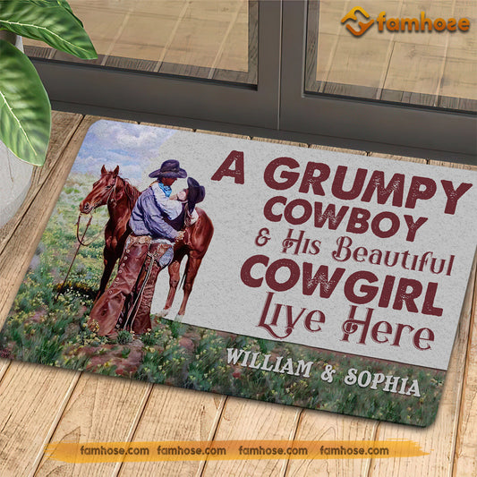 Joycorners Personalized Cowboy Doormat, A Grumpy Cowboy His Beautiful Cowgirl Live Here Gift For Rodeo Lovers, New Home Gift, Housewarming Gift, Horse Decor LM0210