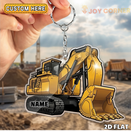 Joycorners Excavator 2D Keychain Yellow Construction Equipment Personalized Name