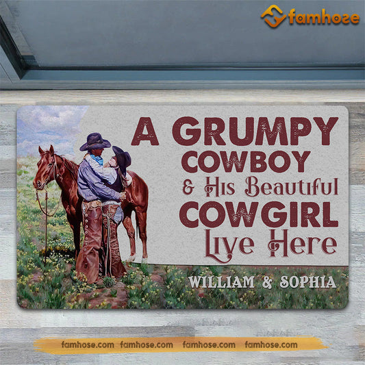 Joycorners Personalized Cowboy Doormat, A Grumpy Cowboy His Beautiful Cowgirl Live Here Gift For Rodeo Lovers, New Home Gift, Housewarming Gift, Horse Decor LM0210