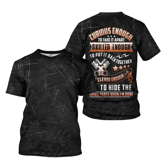Joycorners Funny Mechanic T Shirt Curious Enough Skilled Enough Clever Enough Auto Repair Garage Workwear Tee Car Repair Piston Wrench Shirt Gift For Men Dad PT2609