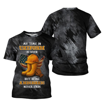 Joycorners Funny Mechanic T Shirt My Time In Uniform Is Over But Being A Mechanic Never Ends American Flag Auto Repair Garage Workwear Gift For Men Dad PT2609