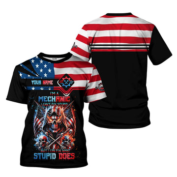 Joycorners Custom Mechanic Shirt, Fix Stupid Design, Personalized Name, American Flag Skull Graphic, Funny Mechanic T-shirt for Men & Women PT2609