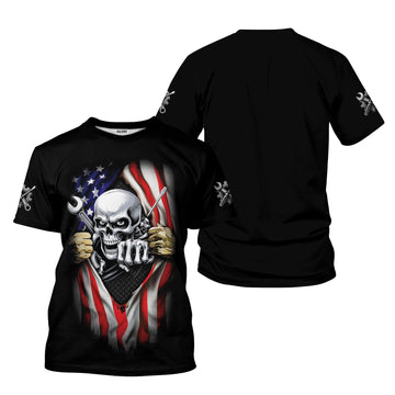 Joycorners Skull Wrench T-Shirt, American Flag Design, Mechanic, Worker Gift, Unique Skull Graphic Tee for Men, Customizable Apparel, Cool Work Shirt PT2609