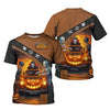 Halloween-themed t-shirt with pumpkins and characters on a white background