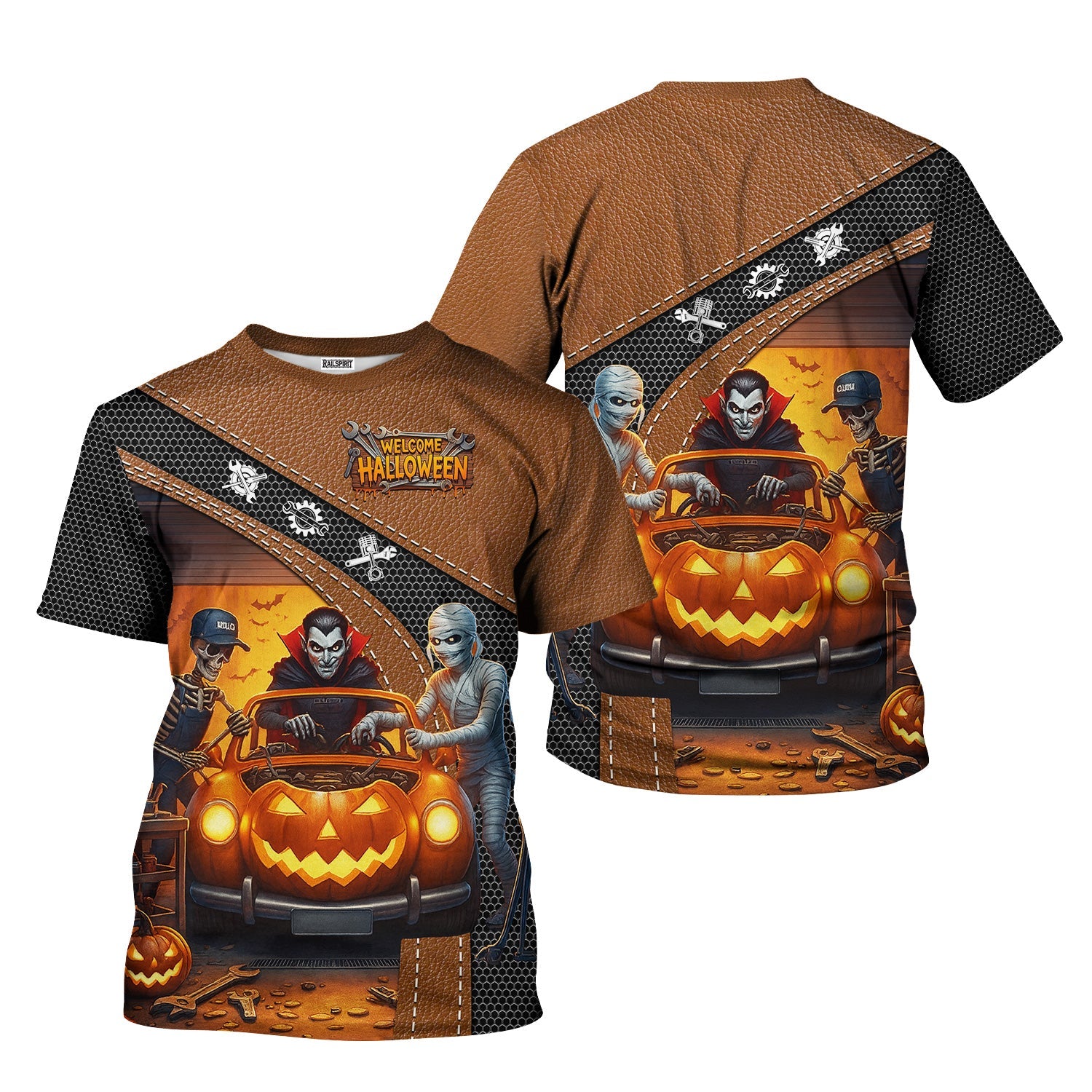 Halloween-themed t-shirt with pumpkins and characters on a white background