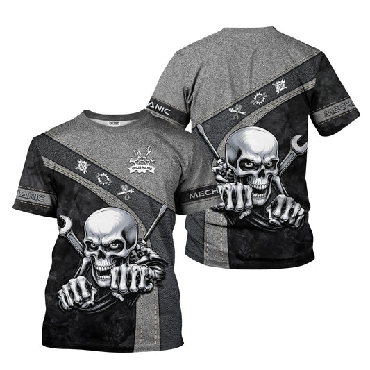 Joycorners Personalized Skull Mechanic Shirt, Custom Name Mechanic Shirt, Unique Gift for Mechanics, Cool Mechanic Apparel PT2609