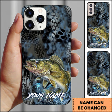 Joycorners Walleye Fishing Phone Case  Dark Hexagon Texture Smoke Blue Art Personalized Name Phone Case