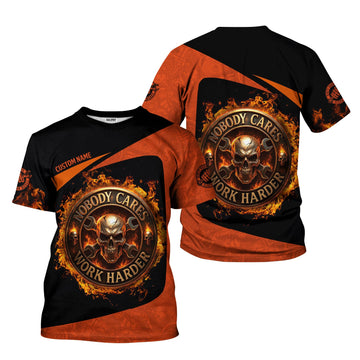 Joycorners Personalized Mechanic Shirt, Nobody Cares Work Harder, Flame Skull Design, Gift For Men PT2609