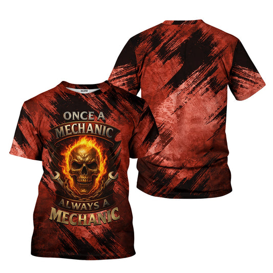 Joycorners Once A Mechanic Always A Mechanic Shirt Funny Printed Vintage Mechanic Unisex T Shirt Flame Skull Design Design PT2609