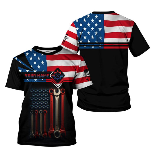 Joycorners Custom Name Mechanic Shirt Wrenches with American Flag Design T Shirt PT2609