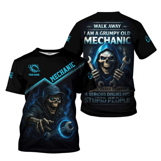 Joycorners Personalized T-Shirt I Am A Grumpy Old Mechanic Blue Flame Grim Reaper Design Shirt For Mechanics PT2609