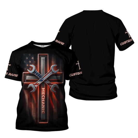 Joycorners Custom Name Mechanic Shirt Wrench The Cross with USA Flag Design T Shirt PT2609