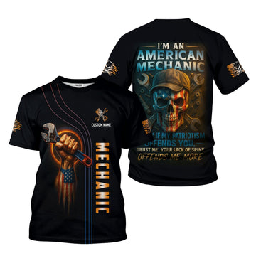 Joycorners Personalized Mechanic Shirt, I'm An American Mechanic, USA Flag Skull Design, Gift For Men PT2609
