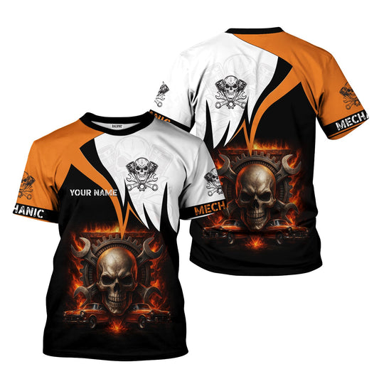 Joycorners Custom Name Mechanic Shirt Flame Skull Wrench Gear Vintage Car Design T Shirt PT2609