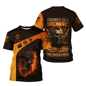 Joycorners Personalized T-Shirt Grumpy Old Mechanic You're About To Exceed The Limits Of My Medication Flame Skull Design Shirt PT2609
