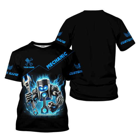 Joycorners Custom Name Mechanic Shirt Blue Flame Muscle Engine Piston Holding Wrench T Shirt PT2609