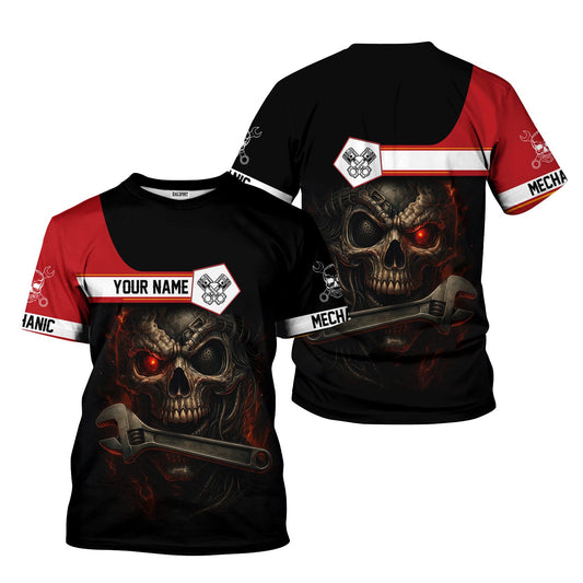Joycorners Custom Name Mechanic Shirt Cyber Skull with Wrench Design T Shirt PT2609
