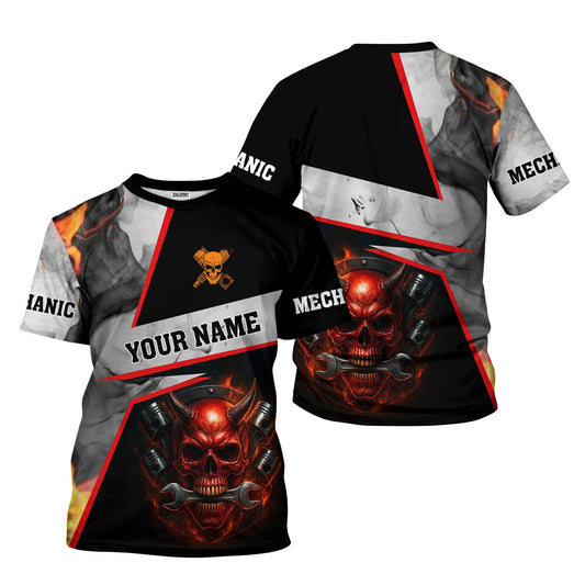 Joycorners Custom Name Funny Mechanic Shirt Vintage Devil With Wrench Printed Mechanic T Shirt PT2609