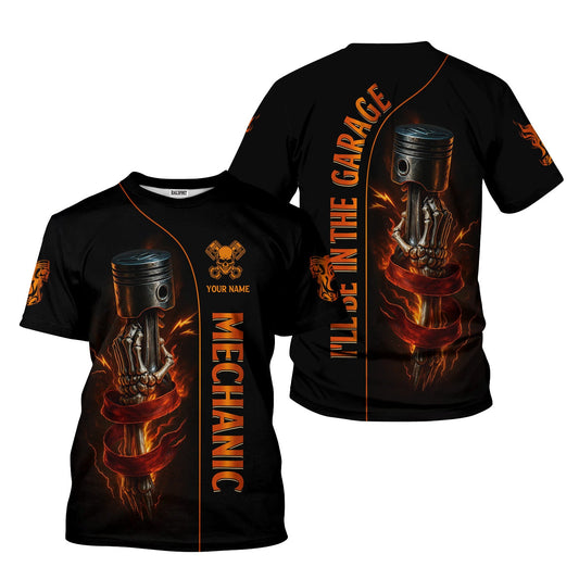 Joycorners Personalized Mechanic Shirt, I'll Be In The Garage, Skull Hand Holding Piston Design, Gift For Men PT2609
